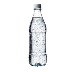 A clear bottle of water with condensation on it, set against a transparency background