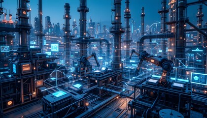 Industrial automation and robotics futuristic city digital art urban environment aerial perspective