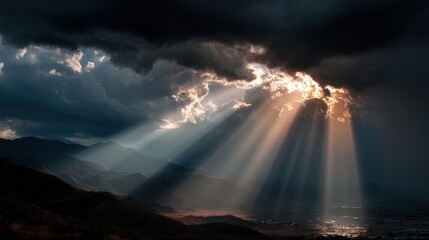Sunlight breaking through clouds mountain range realistic photograph natural landscape dramatic viewpoint serenity concept