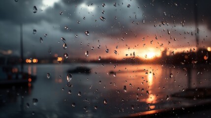 Sunset through rainy glass waterfront realistic photograph cityscape close-up nature's beauty