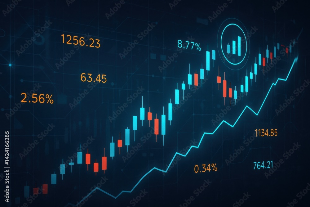 Poster a dynamic stock market graph displaying fluctuating values, showcasing positive trends and growth in