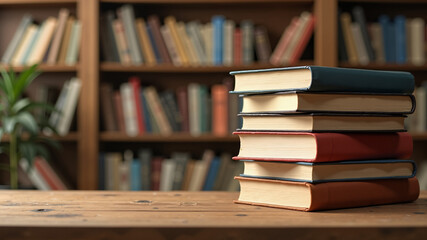 A stack of books on a wooden shelf