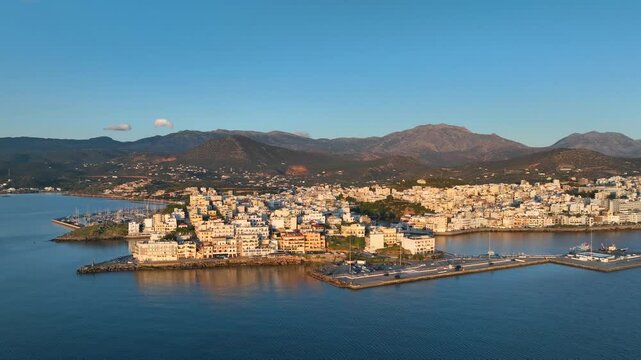 Agios Nikolaos coastal city skyline on the Greek island of Crete, Aerial view
