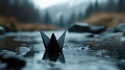 Fototapeta premium Dark origami boat adrift in a cold mountain stream