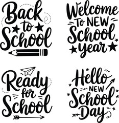 Hand drawn back to school lettering Set , Collection of written slogans or phrases. Monochrome vector illustration.