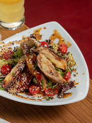 Crusty eggplant salad bowl top view