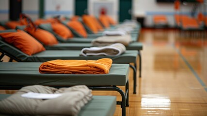 Rows of cots with bedding in a gymnasium style emergency shelter.