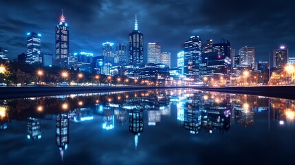 Night Cityscape Reflection on Water in Melbourne Victoria Australia