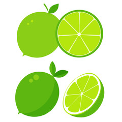 Fresh Lime Citrus Fruit Vector Illustration Isolated On White Background Two Whole And Sliced