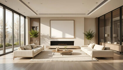 Living Room Interior with Fireplace, Sofas, and Modern Design