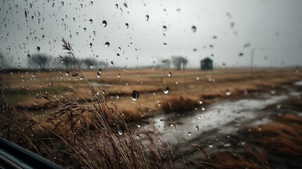 Wind-driven rain event open landscape realistic photograph overcast environment close-up viewpoint evocative concept