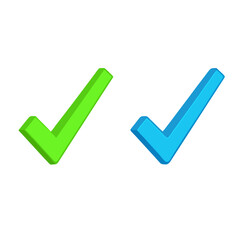 Green And Blue Check Mark Symbols With 3D Effect On White Background