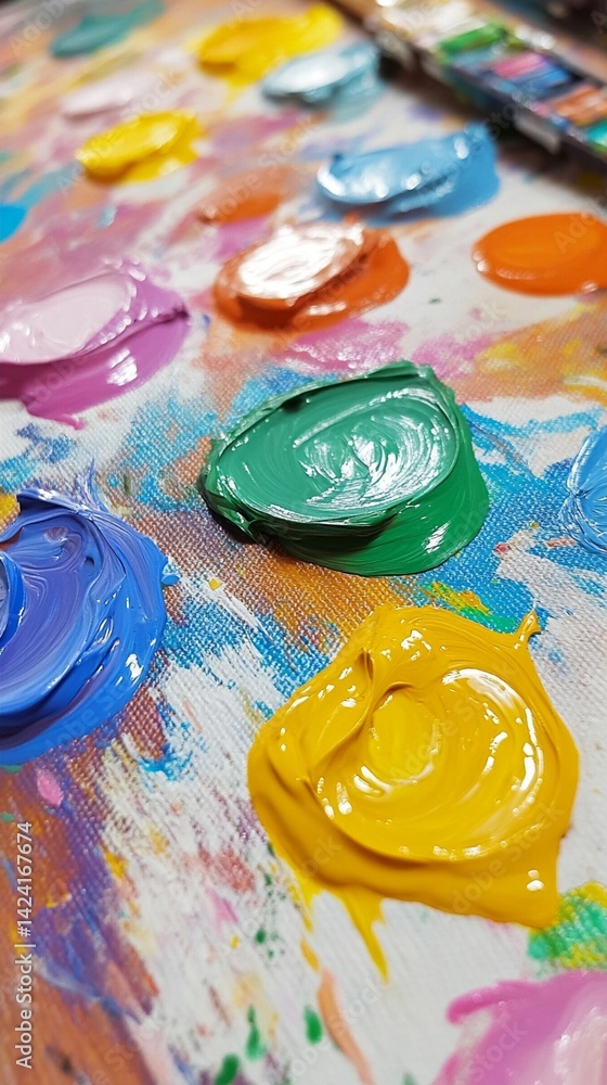 Poster colorful blobs of vibrant paint on a palette create a visually stimulating scene for the creative ar