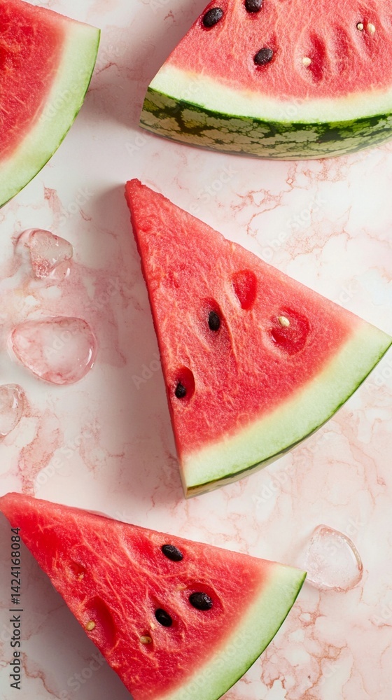 Poster fresh watermelon slices on a marble surface, surrounded by melting ice cubes, create a refreshing an