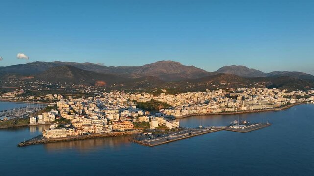 Agios Nikolaos coastal city skyline on the Greek island of Crete, Aerial view