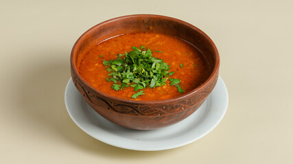 Borscht in ceramic pot isolated
