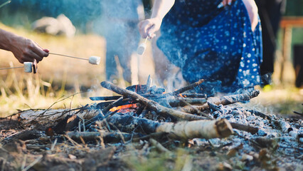 Students roasting marshmallows over campfire during graduation party, celebrating their academic achievement