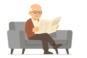 An elderly man is depicted sitting comfortably on a grey couch and reading a newspaper in a flat design vector illustration