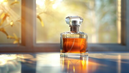A bottle of perfume stands on a surface by a sunlit window.