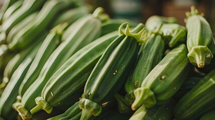 Fototapeta premium Close-up view of a pile of fresh green okra, a nutritious and versatile vegetable.