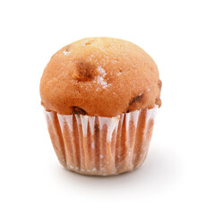 Muffin with raisins isolated on white.