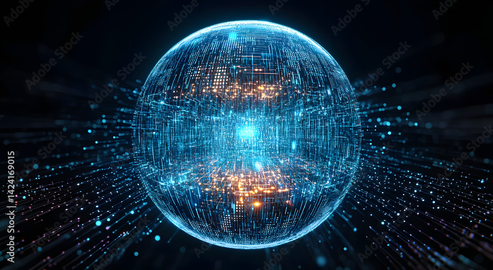 Poster futuristic digital sphere with binary code on glowing wave background.