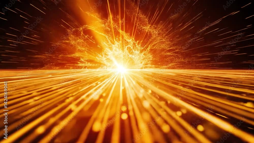 Poster dynamic explosion of vibrant orange and yellow light radiating energy and intensity, showcasing abst