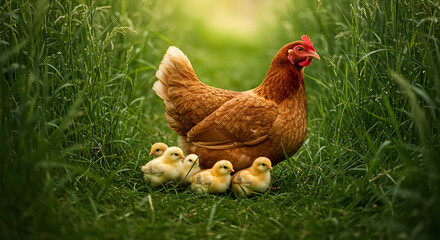 Protective Hen With Her Brood of Cute Yellow Fluffy Chickens in Grass
