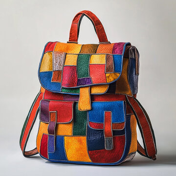 Rainbow Backpack: A vibrant, multicolored leather backpack showcases a patchwork design with various shades and textures. Perfect for adding a pop of color to any outfit.