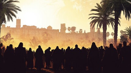 Obraz premium Palm sunday. Christ's triumphal entry into Jerusalem. Silhouette of a crowd of people on the background of palm trees and ancient city.