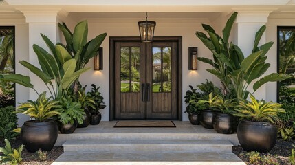 Elegant doorway with planters and modern lighting