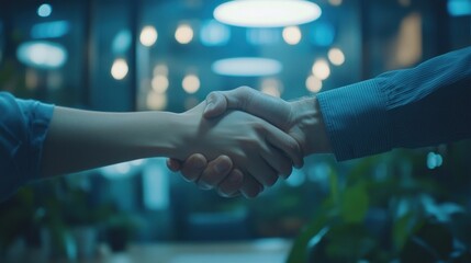Business, employees or shaking hands in office with partnership in investment project and funding proposal success. Financial investor, people and handshake for b2b negotiation agreement with banner