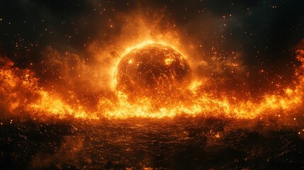 Obraz premium An intense image of a sun setting behind a raging ocean of flames, blending elements of nature and fire, evoking themes of chaos, power, and magnificent beauty.