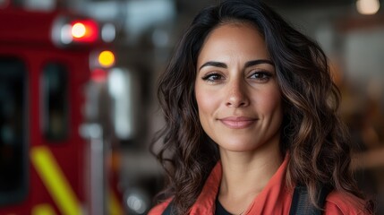 A poised female firefighter stands confidently, showcasing her strength and dedication to protecting her community while sporting her firefighting gear and warm smile.