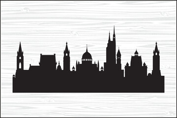 Fototapeta premium Historic City Skyline Silhouette Vector – Classic European ArchitectureUrban Skyline Silhouette with Domes and Towers – PNG SVG EPS BundleBlack Cityscape Silhouette of Iconic Buildings – Vector Il