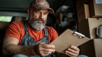 A candid shot of a serious man with a beard examining a clipboard while surrounded by boxes, illustrating dedication and hard work in his professional setting.