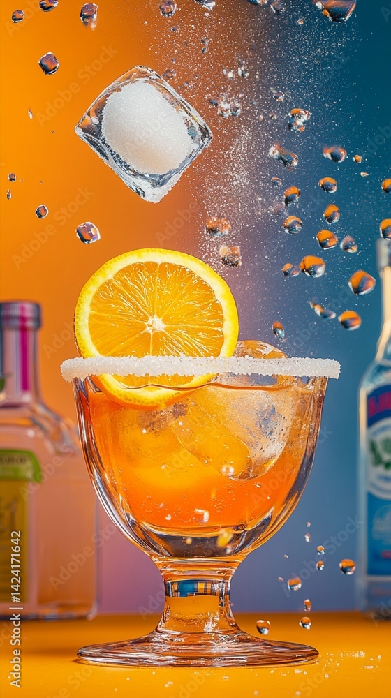 Poster refreshing citrus cocktail with ice cubes splashing dynamically, capturing the vibrant energy of a s