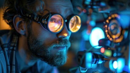 Man with steampunk goggles examines complex machinery under blue lighting.