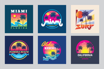 Summer vacations travel logo set graphic design. Logo in vintage style for t-shirt design. Summer, sun, palm tree, sea wave. Vector illustration.