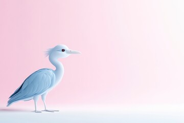 A pale blue heron stands on a minimalist pink background.