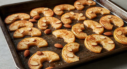 Naklejka premium Baked Apple Slices With Cinnamon And Almonds On Baking Sheet