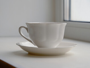 white ceramic cup and saucer on windowsill, light from window