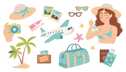 Set of summer travel icons. Colorful summer elements set. A collection of stickers depicting various beach and summer items, Vector illustration in flat cartoon style.