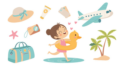 Set of summer travel icons. Colorful summer elements set. A collection of stickers depicting various beach and summer items, Vector illustration in flat cartoon style.