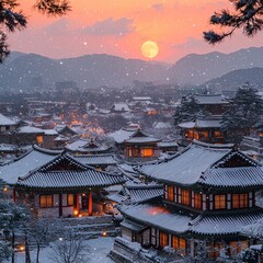 Obraz premium Winter's embrace over traditional Korean architecture in serene landscape