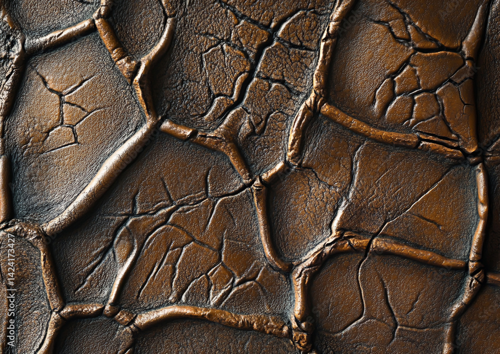 Poster close up shot of a textured brown surface with cracks and raised lines forming a pattern design