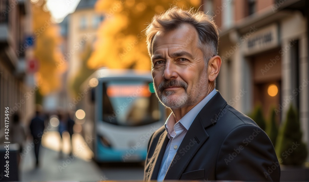 Poster a man in a suit is standing on a sidewalk in front of a bus. he is smiling and looking at the camera