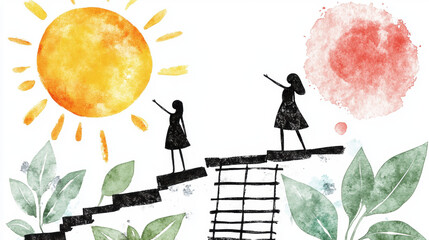 Climbing Stairs Towards a Bright Future Person Illustration Uplifting Environment Elevated View Life Goes On