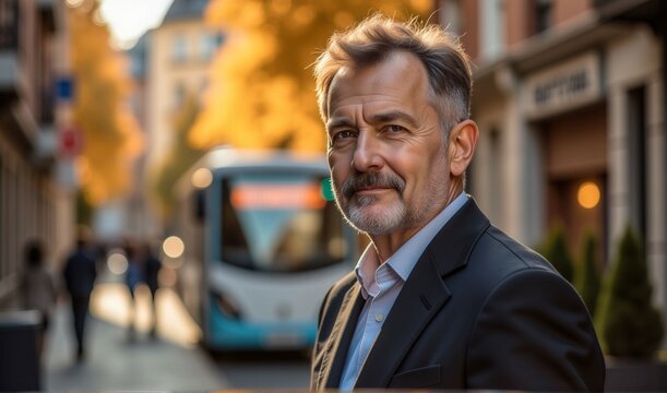 A man in a suit is standing on a sidewalk in front of a bus. He is smiling and looking at the camera