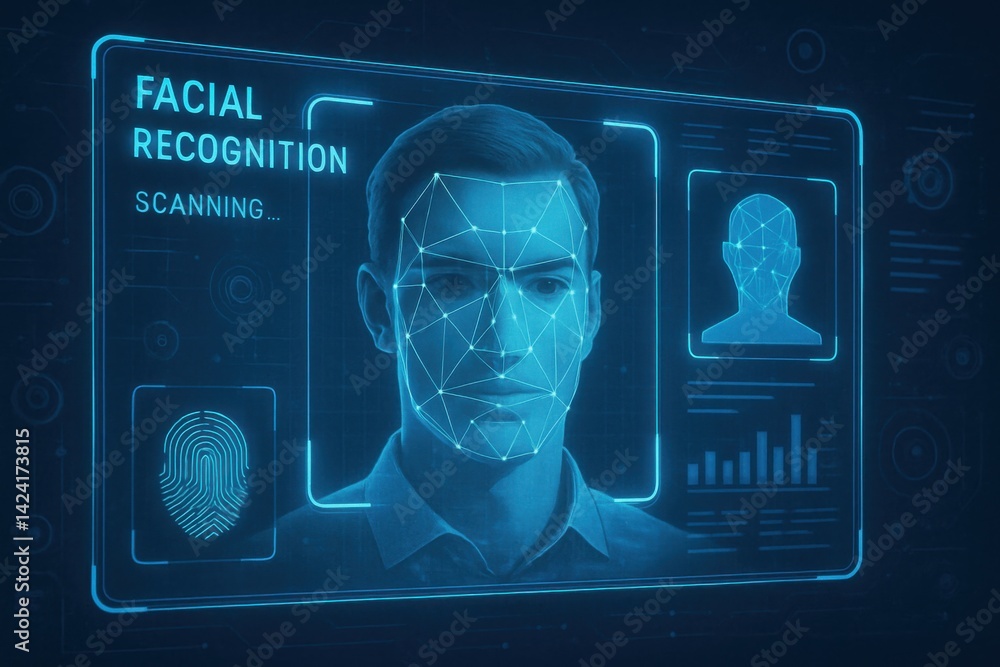 Poster a futuristic scene showcasing facial recognition technology, featuring a high-tech interface that di